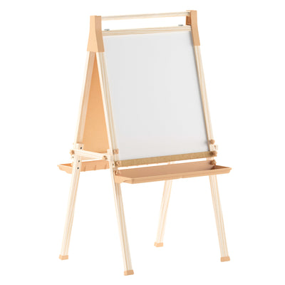 Bright Beginnings Commercial Classroom Freestanding Wood Art Easel with Chalk Board, Dry -Erase Board, 2 Trays, Paper Roller, Paper Tear Bar - View 1