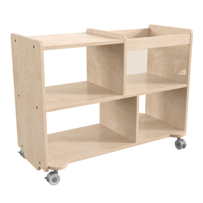 Bright Beginnings Commercial Double Sided Space Saving Wooden Mobile Storage Cart with Locking Casters, Storage Bins, and Open Compartments - View 1