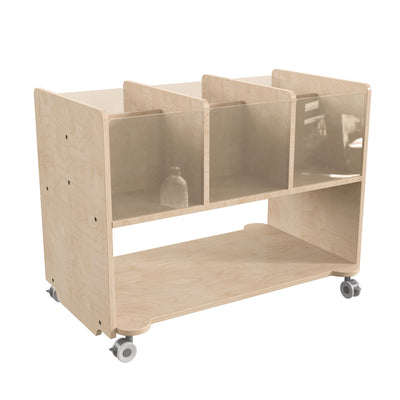 Bright Beginnings Commercial Double Sided Space Saving Wooden Mobile Storage Cart with Locking Casters, Storage Bins, and Open Compartments - View 1