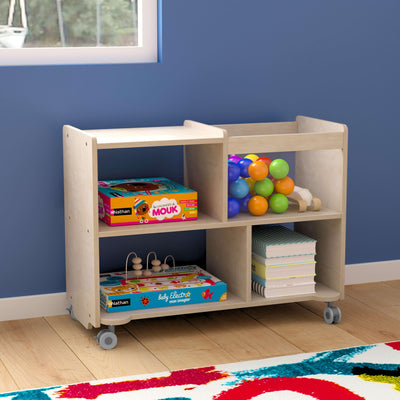Bright Beginnings Commercial Double Sided Space Saving Wooden Mobile Storage Cart with Locking Casters, Storage Bins, and Open Compartments - View 2