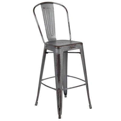 Commercial Grade 30" High Distressed Metal Indoor-Outdoor Barstool with Back - View 1