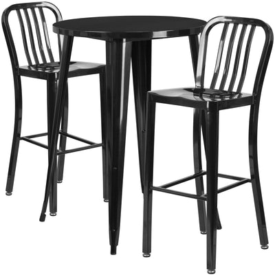 Commercial Grade 30" Round Metal Indoor-Outdoor Bar Table Set with 2 Vertical Slat Back Stools - View 1