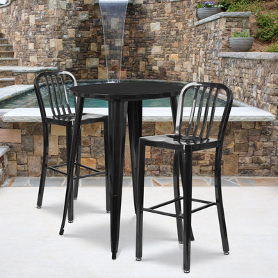 Commercial Grade 30" Round Metal Indoor-Outdoor Bar Table Set with 2 Vertical Slat Back Stools - View 2