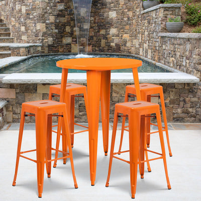 Commercial Grade 30" Round Metal Indoor-Outdoor Bar Table Set with 4 Square Seat Backless Stools - View 2
