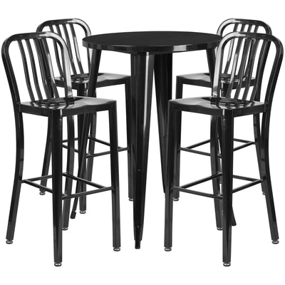 Commercial Grade 30" Round Metal Indoor-Outdoor Bar Table Set with 4 Vertical Slat Back Stools - View 1