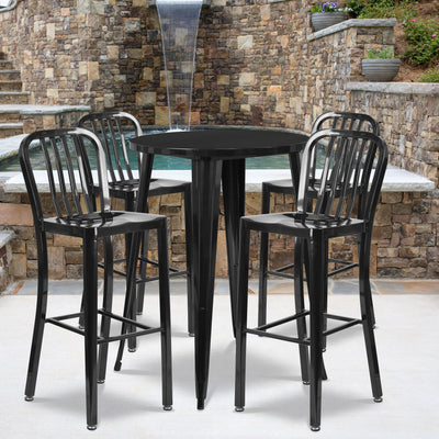 Commercial Grade 30" Round Metal Indoor-Outdoor Bar Table Set with 4 Vertical Slat Back Stools - View 2
