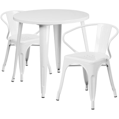 Commercial Grade 30" Round Metal Indoor-Outdoor Table Set with 2 Arm Chairs - View 1