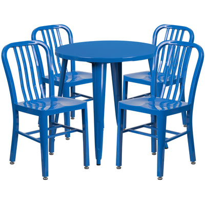 Commercial Grade 30" Round Metal Indoor-Outdoor Table Set with 4 Vertical Slat Back Chairs - View 1