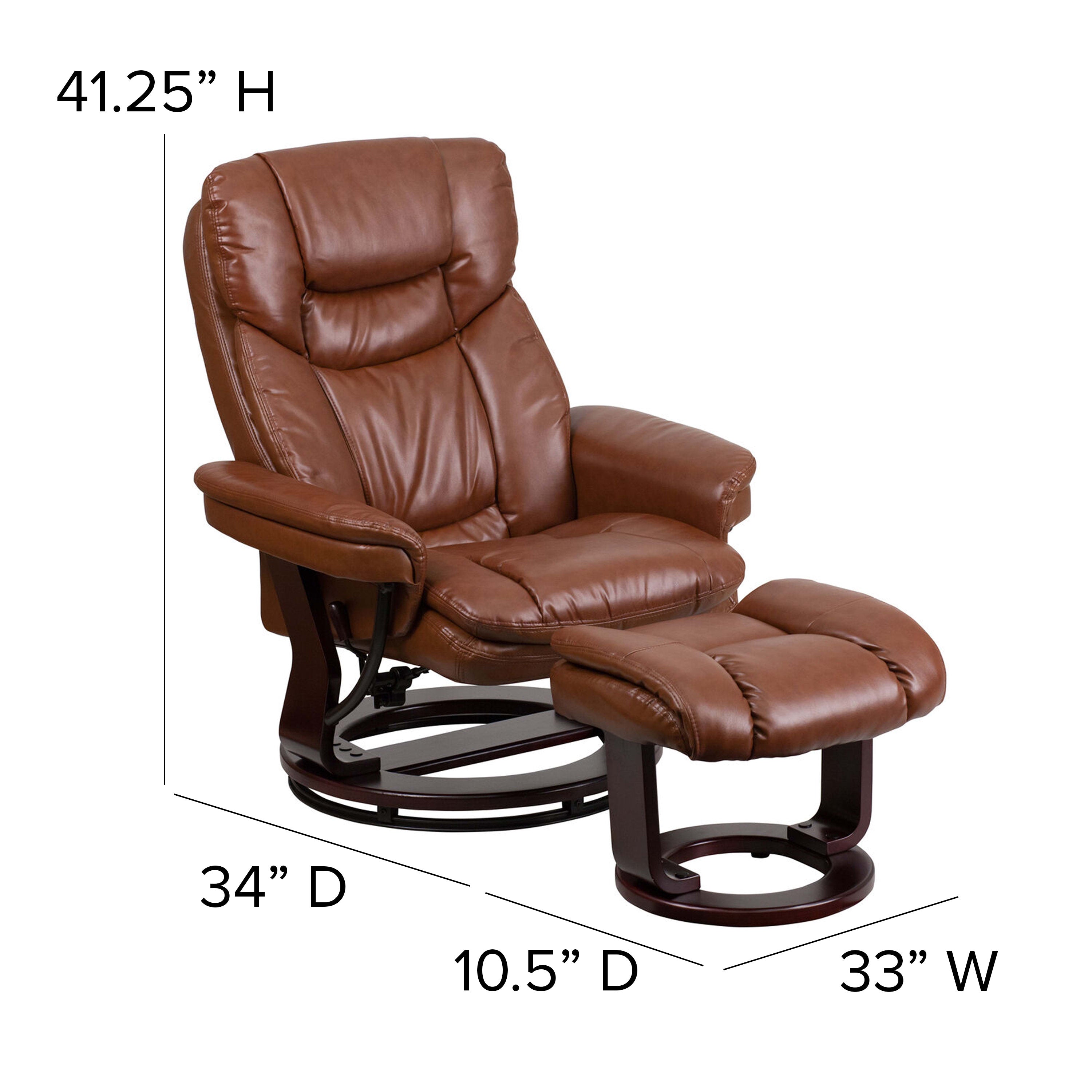 Contemporary Multi-Position Recliner and Curved Ottoman with Swivel  Mahogany Wood Base