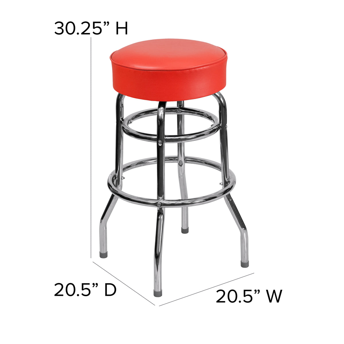 Red |#| Backless Double Ring Chrome Swivel Barstool with Red Vinyl Seat & Footrest