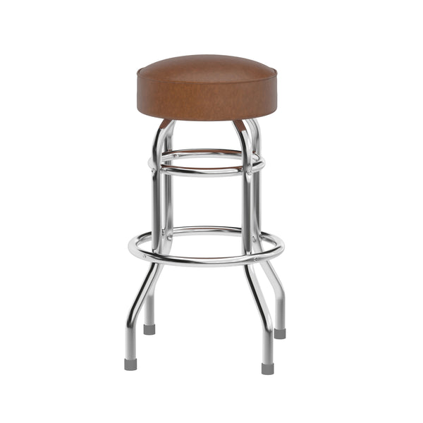 Weathered Brown |#| Backless Double Ring Chrome Swivel Barstool with Weathered Vinyl Seat