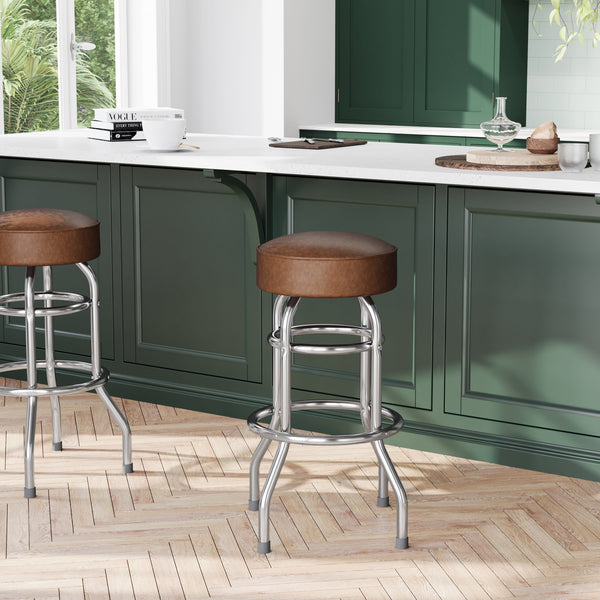 Weathered Brown |#| Backless Double Ring Chrome Swivel Barstool with Weathered Vinyl Seat