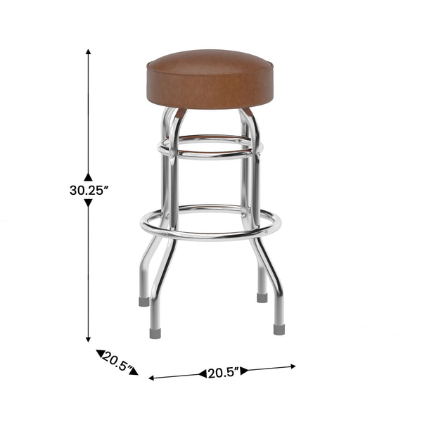 Weathered Brown |#| Backless Double Ring Chrome Swivel Barstool with Weathered Vinyl Seat