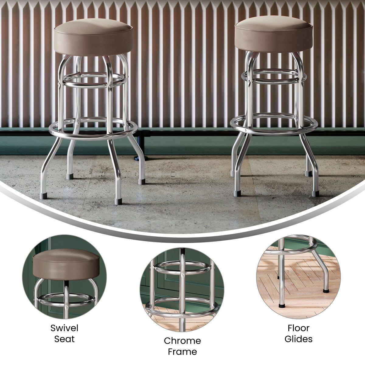 Beige |#| Backless Double Ring Chrome Swivel Barstool with Beige Vinyl Seat