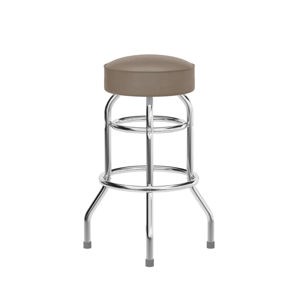 Beige |#| Backless Double Ring Chrome Swivel Barstool with Beige Vinyl Seat