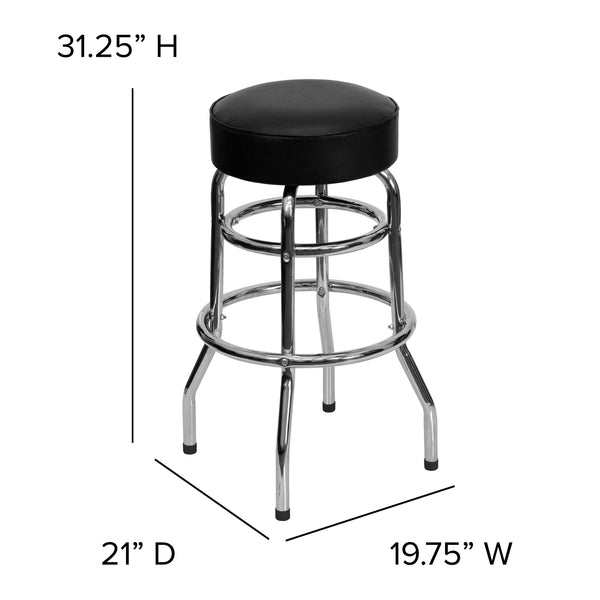 Black |#| Backless Double Ring Chrome Swivel Barstool with Black Vinyl Seat & Footrest