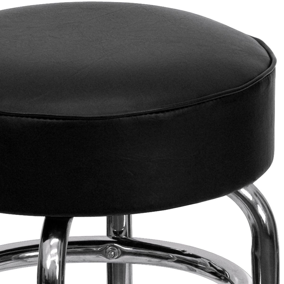 Black |#| Backless Double Ring Chrome Swivel Barstool with Black Vinyl Seat & Footrest