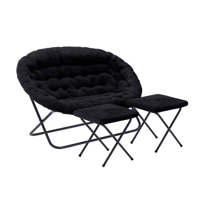 Eleanor Portable Folding Upholstered Double Saucer Chair with a Steel Frame and 2 Folding Ottomans for Dorm, Living Room, or Bedroom - View 1