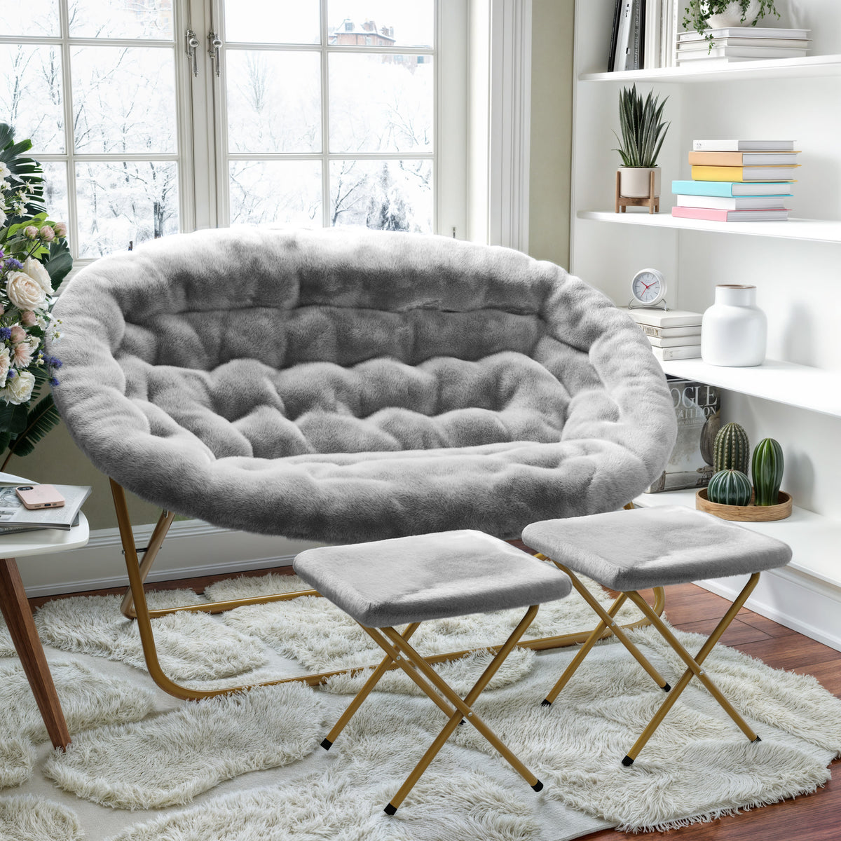 Gray Fabric/Soft Gold Frame |#| Double Folding Faux Fur Saucer Chair with 2 Ottomans - Gray/Soft Gold