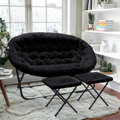 Eleanor Portable Folding Upholstered Double Saucer Chair with a Steel Frame and 2 Folding Ottomans for Dorm, Living Room, or Bedroom - View 2