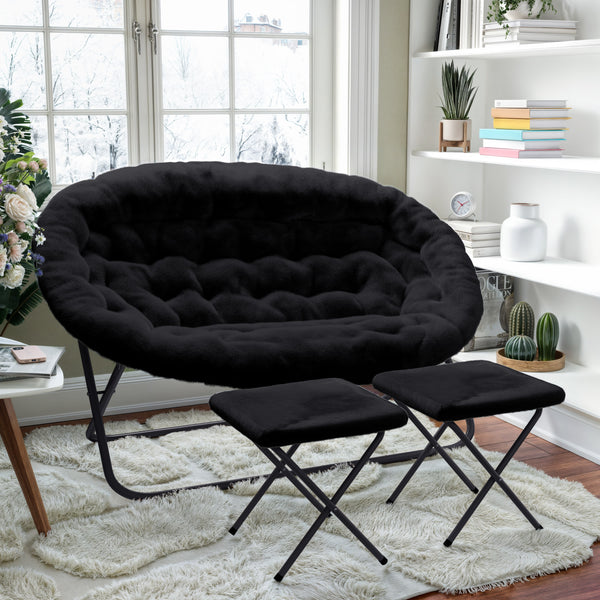 Black Fabric/Black Frame |#| Double Folding Faux Fur Saucer Chair with 2 Ottomans - Black/Black