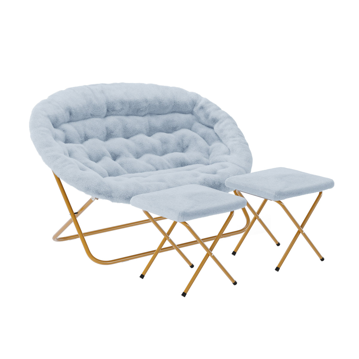 Aqua Fabric/Soft Gold Frame |#| Double Folding Faux Fur Saucer Chair with 2 Ottomans - Dusty Aqua/Soft Gold