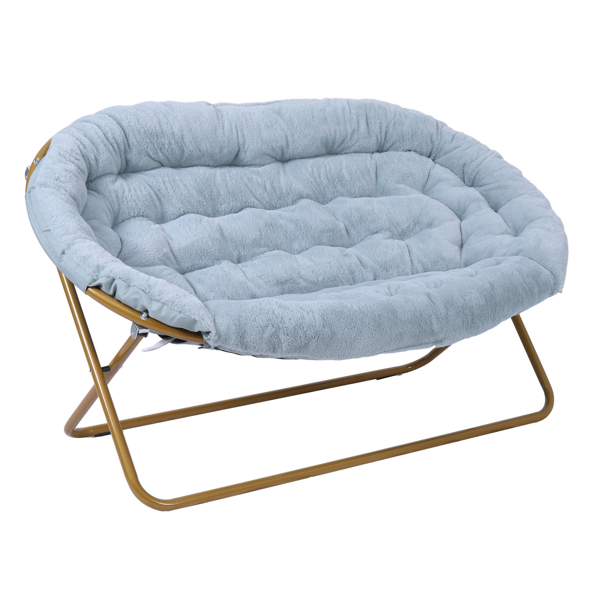 Aqua Fabric/Soft Gold Frame |#| Double Folding Faux Fur Saucer Chair with 2 Ottomans - Dusty Aqua/Soft Gold