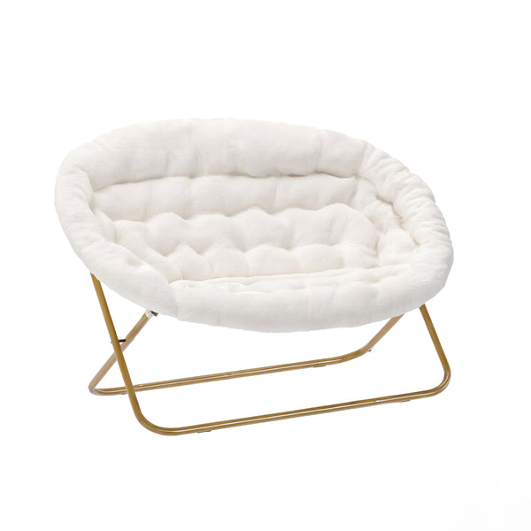 Ivory Faux Shearling Fabric/Soft Gold Frame |#| Double Folding Faux Shearling Saucer Chair with 2 Ottomans - Ivory/Soft Gold