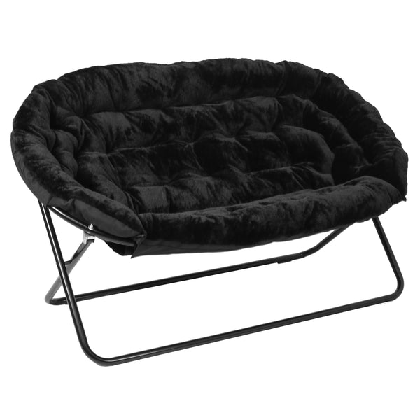 Black Fabric/Black Frame |#| Folding Faux Fur Double Saucer Chair with Steel Frame - Black/Black