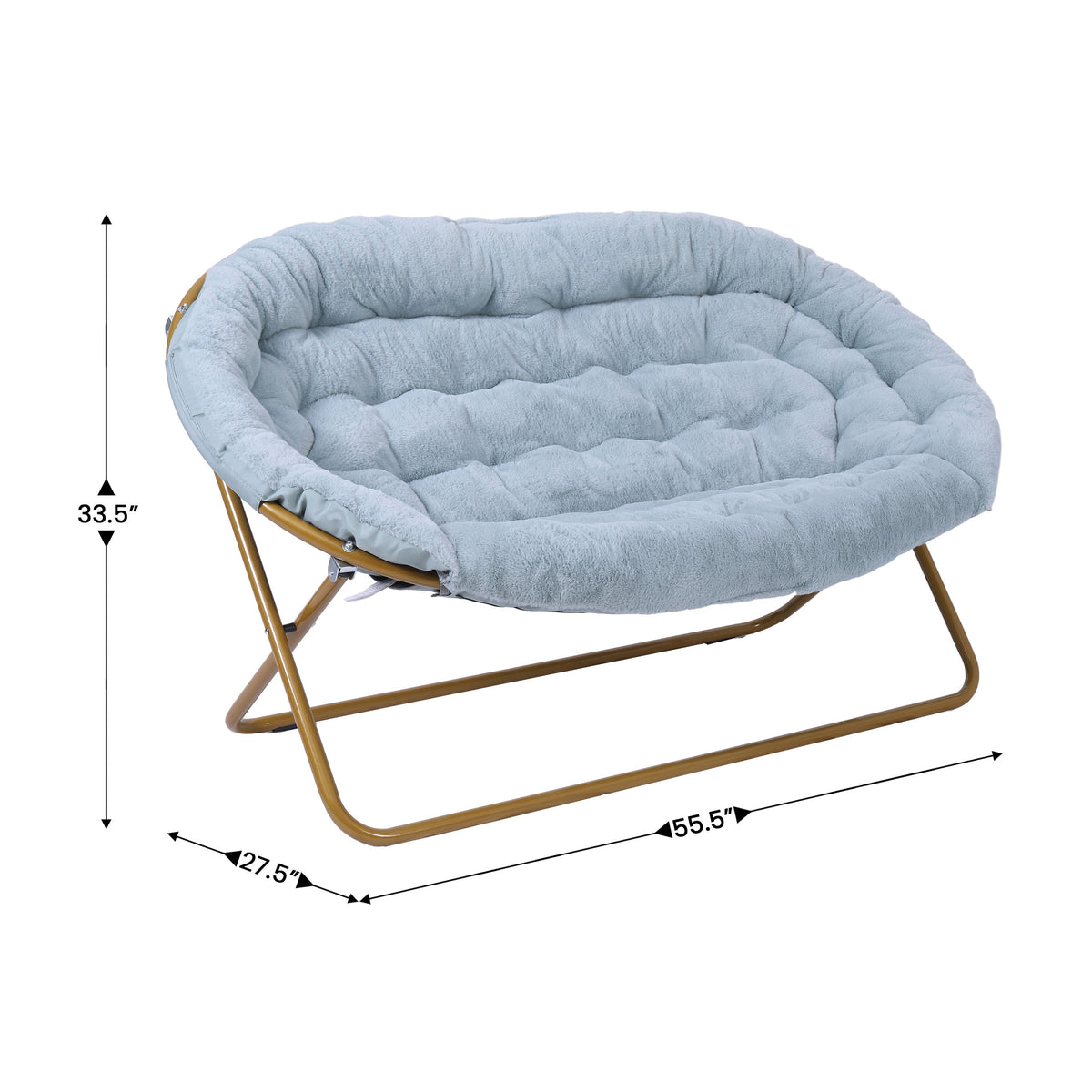 Aqua Fabric/Soft Gold Frame |#| Folding Faux Fur Double Saucer Chair with Steel Frame - Dusty Aqua/Soft Gold