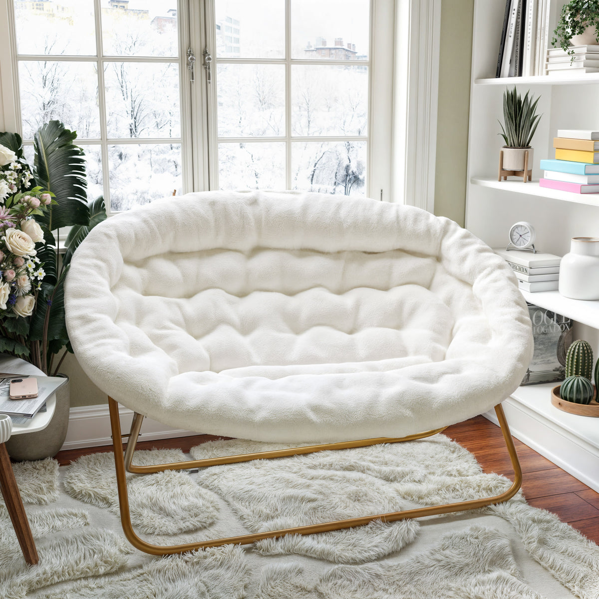 Ivory Faux Shearling Fabric/Soft Gold Frame |#| Folding Faux Shearling Double Saucer Chair with Steel Frame - Ivory/Soft Gold