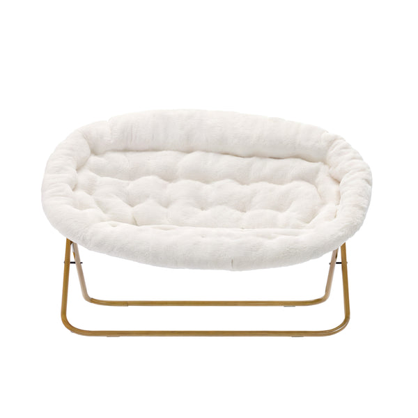 Ivory Faux Shearling Fabric/Soft Gold Frame |#| Folding Faux Shearling Double Saucer Chair with Steel Frame - Ivory/Soft Gold