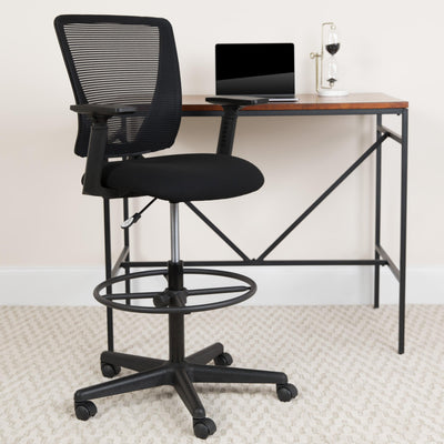 Ergonomic Mid-Back Mesh Drafting Chair with Fabric Seat, Adjustable Foot Ring and Arms - View 2