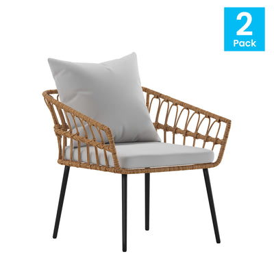 Evin Set of 2 Boho Indoor/Outdoor Rope Rattan Wicker Patio Chairs with All-Weather Cushions - View 2