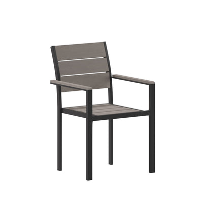 Finch Commercial Grade Patio Chair with Arms, Stackable Side Chair with Faux Teak Poly Slats and Metal Frame - View 1