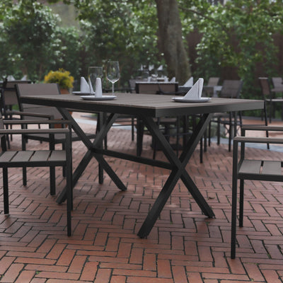 Finch Commercial Grade X-Frame Outdoor Dining Table 59" x 35.5" with Faux Teak Poly Slats and Metal Frame - View 2