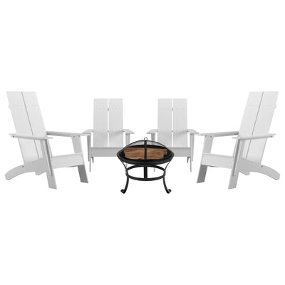 Finn Set of 4 Modern All-Weather 2-Slat Poly Resin Rocking Adirondack Chairs with 22" Round Wood Burning Fire Pit - View 1