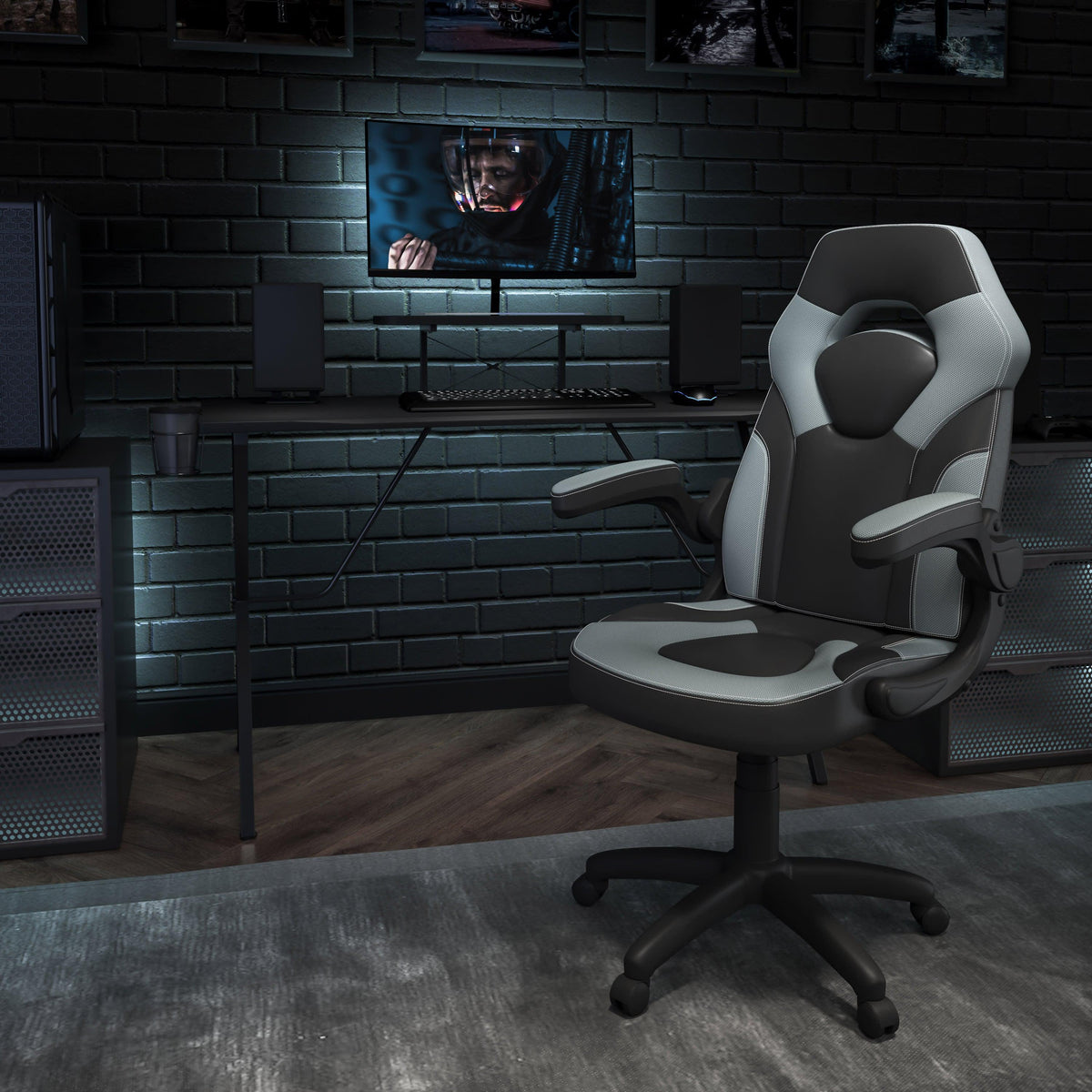 Gray |#| Black/Gray Gaming Desk Set with Cup Holder, Headphone Hook, and Monitor Stand