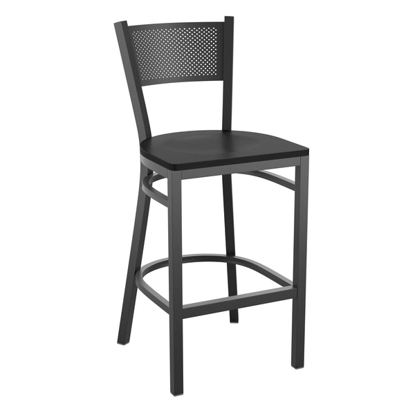 Black Wood Seat/Black Metal Frame |#| Black Grid Back Metal Restaurant Barstool with Black Wood Seat