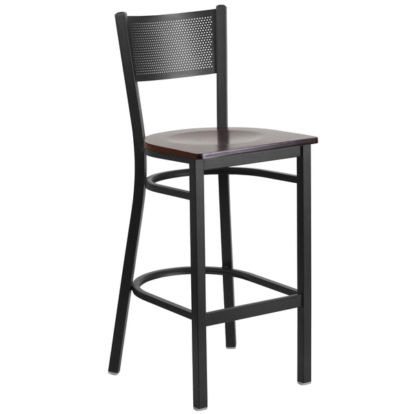 Walnut Wood Seat/Black Metal Frame |#| Black Grid Back Metal Restaurant Barstool with Walnut Wood Seat