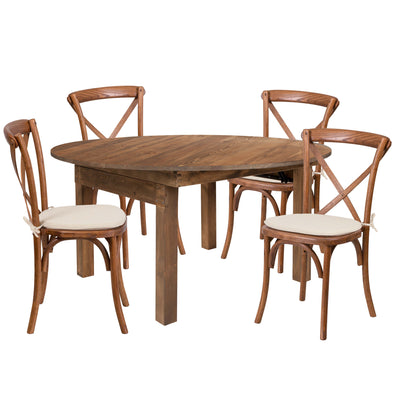 HERCULES Series 60" Round Solid Pine Folding Farm Dining Table Set with 4 Cross Back Chairs and Cushions - View 1