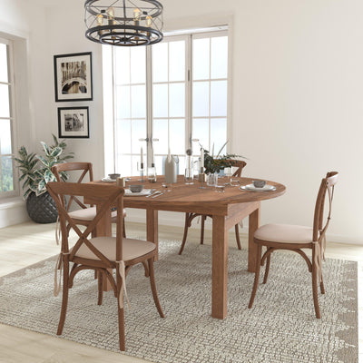 HERCULES Series 60" Round Solid Pine Folding Farm Dining Table Set with 4 Cross Back Chairs and Cushions - View 2