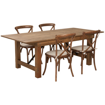 HERCULES Series 7' x 40'' Folding Farm Table Set with 4 Cross Back Chairs and Cushions - View 1