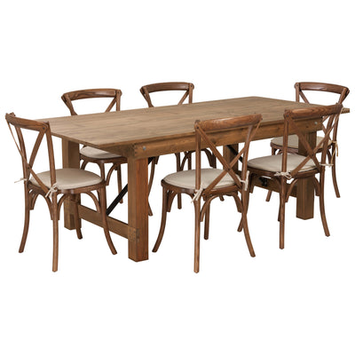 HERCULES Series 7' x 40'' Folding Farm Table Set with 6 Cross Back Chairs and Cushions - View 1