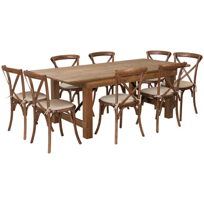 HERCULES Series 7' x 40'' Folding Farm Table Set with 8 Cross Back Chairs and Cushions - View 1