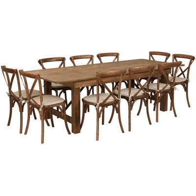 HERCULES Series 8' x 40'' Folding Farm Table Set with 10 Cross Back Chairs and Cushions - View 1