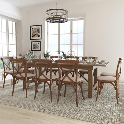 HERCULES Series 8' x 40'' Folding Farm Table Set with 10 Cross Back Chairs and Cushions - View 2