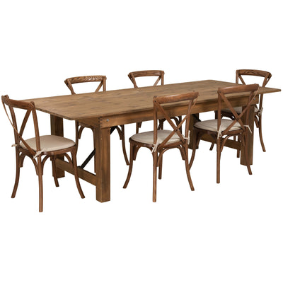 HERCULES Series 8' x 40'' Folding Farm Table Set with 6 Cross Back Chairs and Cushions - View 1