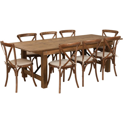 HERCULES Series 8' x 40'' Folding Farm Table Set with 8 Cross Back Chairs and Cushions - View 1