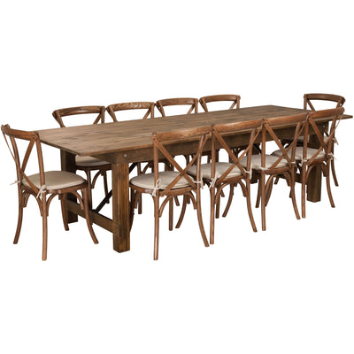 HERCULES Series 9' x 40'' Folding Farm Table Set with 10 Cross Back Chairs and Cushions - View 1